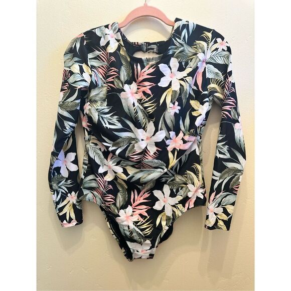 Kona Sol Black and White Tropical Print Long Sleeve Rash Guard One Piece - Picture 3 of 6